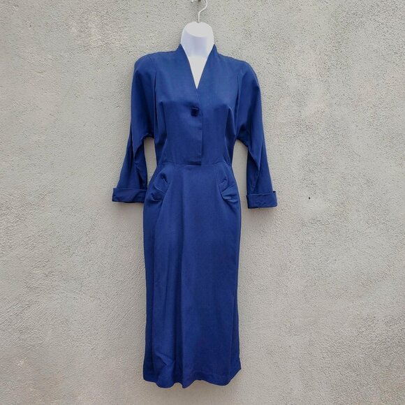 Dresses & Skirts - Vintage 1940s Navy Blue Rayon Wiggle Dress Curvy Hourglass 10 12
